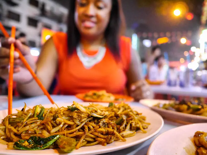 Nat Eating Chicken Noodles on Jalan Alor - Kuala Lumpur, Malaysia