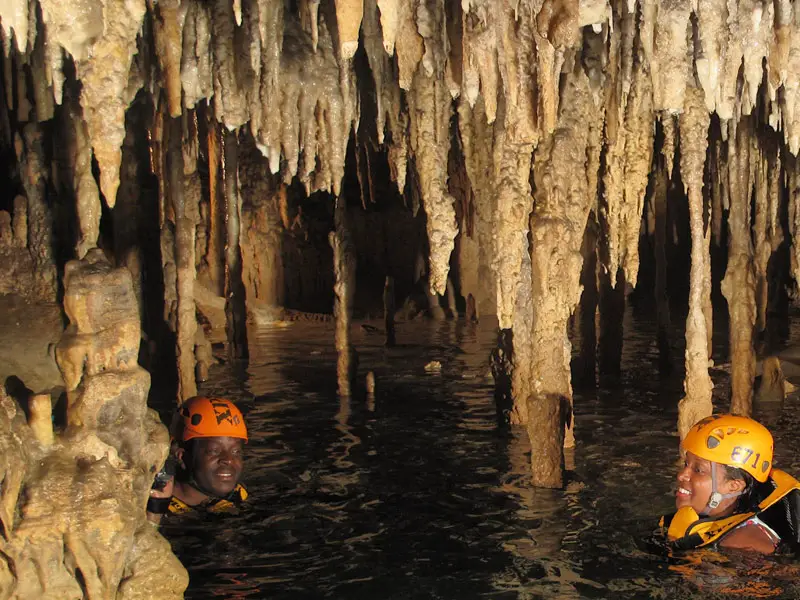 Nat and Mase in Stalagmite Cave at Xplor in Playa del Carmen, Mexico