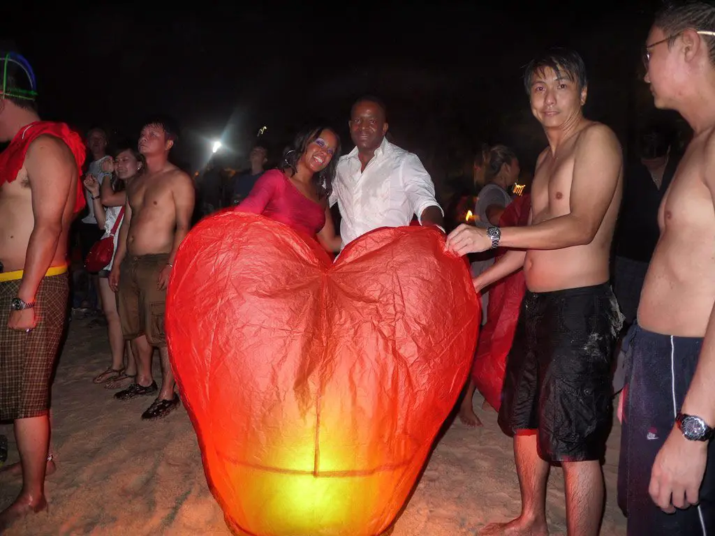 Nat and Mase on Patong Beach with Heart Lantern - Phuket, Thailand