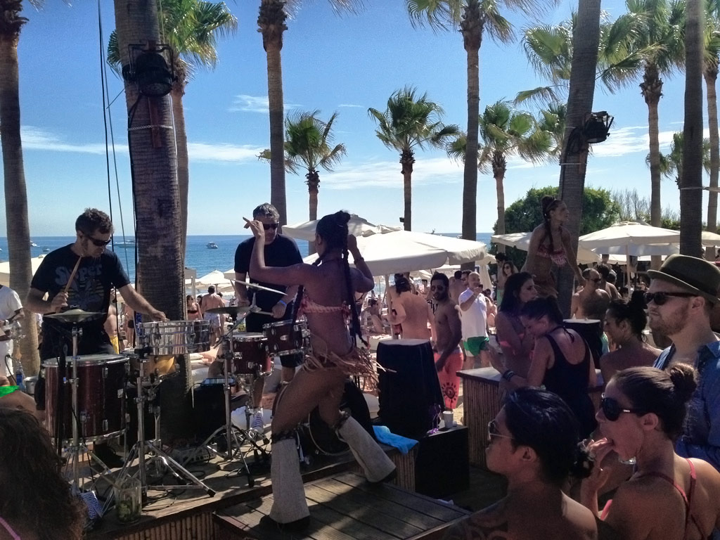 Dancers and Drummers on Stage at Nikki Beach - Marbella, Spain