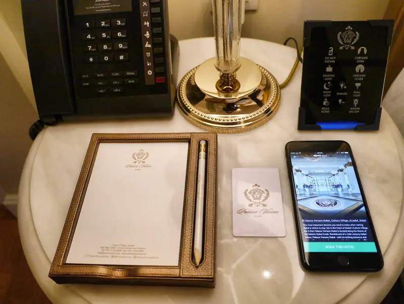 Palazzo Versace Dubai Review: Versace Pencil, Paper Pad, Room Key, Lamp and Room Controls