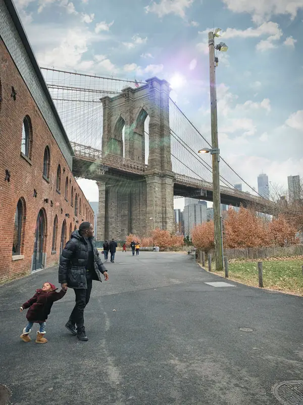 Yay! Daddy we Made it - Looking Back at Brooklyn Bridge from the DUMBO Waterfront