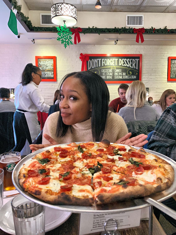 The Best Pizza in Town: Nat Waiting to Tuck in at Julianas Pizza (DUMBO, Brooklyn)