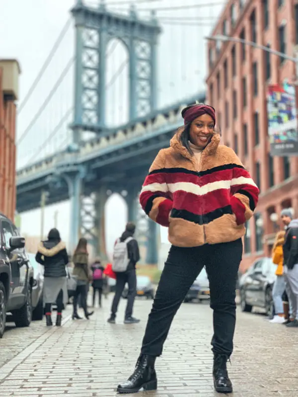 And, Pose! Nat at the most Famous Photo Location in DUMBO, with a Manhattan Bridge Backdrop