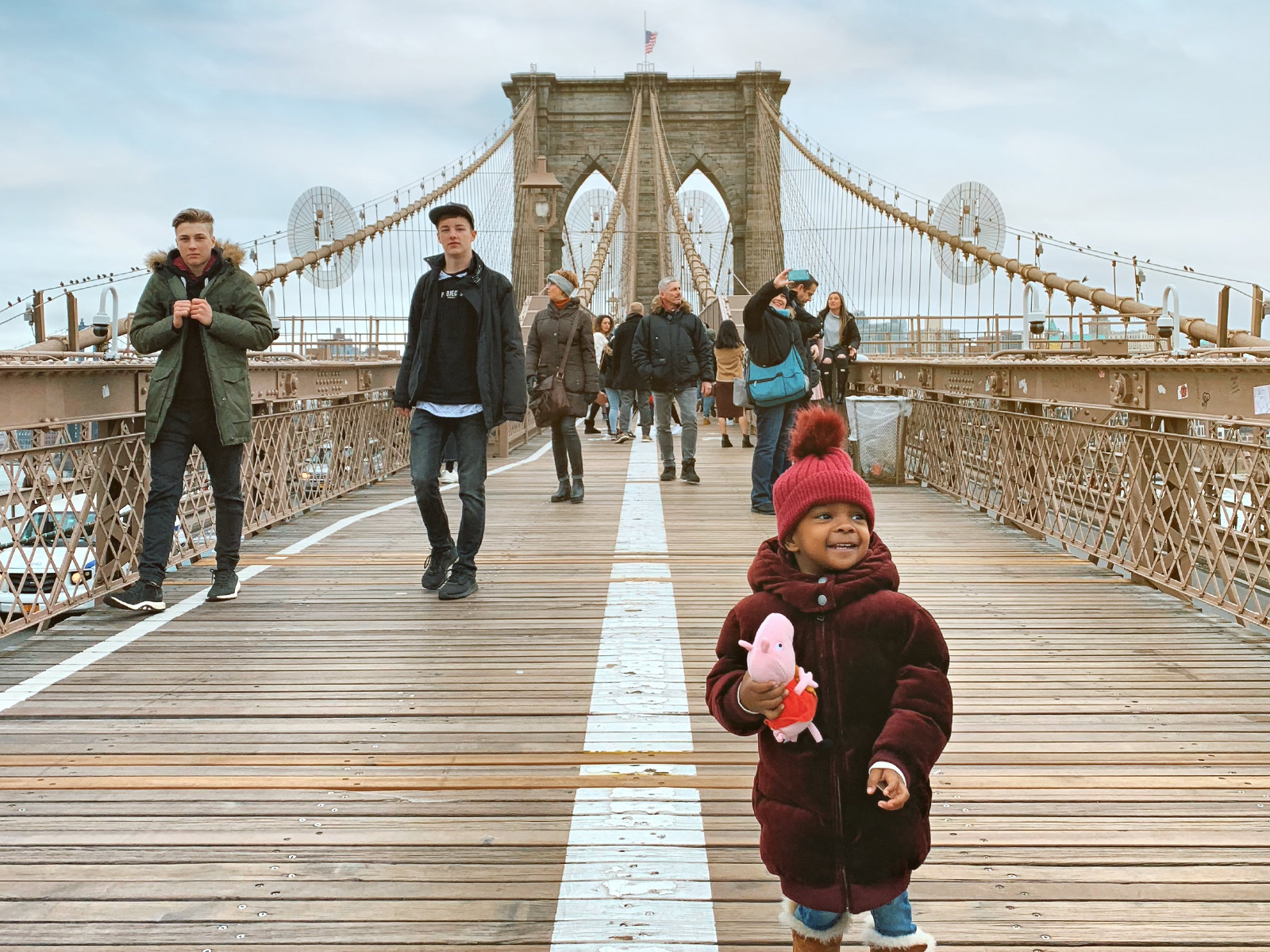 Our Toddler Daughter Walking Across Brooklyn Bridge
