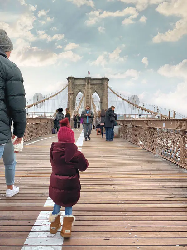 Let's Get This Party Started! Our Toddler Daughter Getting Ready to Walk Across Brooklyn Bridge