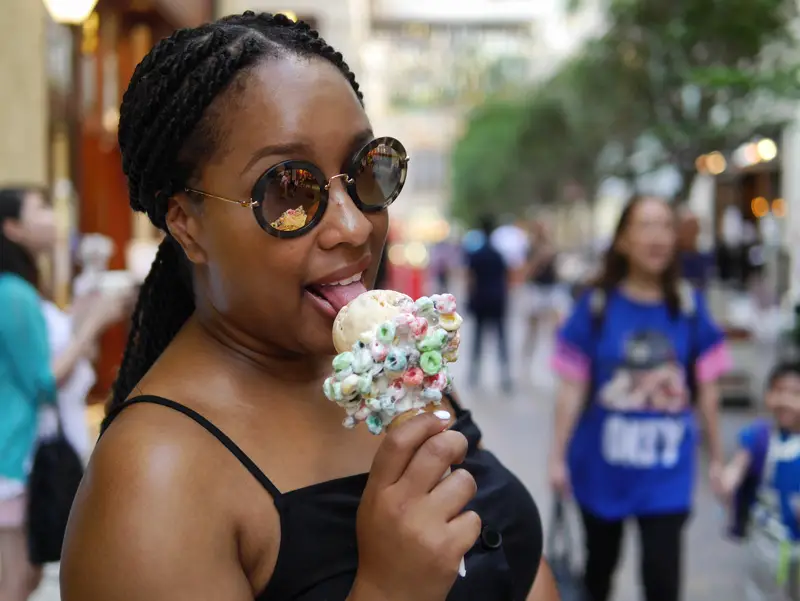 Nat Licking Rainbow-Coloured Fruit Loops Ice Cream from Emack & Bolio's