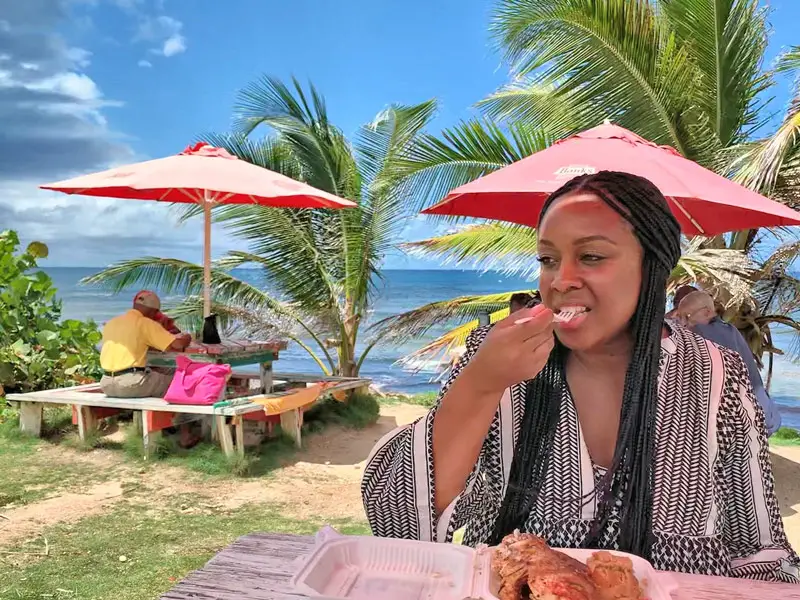 Nat Eating Fried Fish at Martins Bay in Barbados