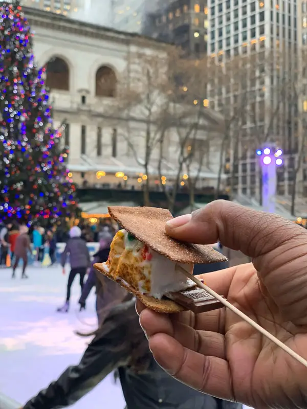 Eating S'mores in New York City at Bryant Park Ice Skating Rink NYC