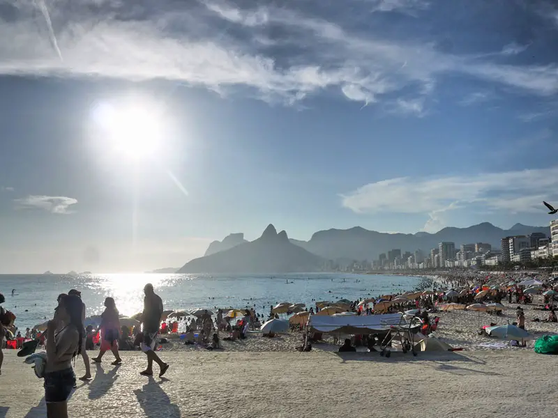 Ipanema Beach in Rio de Janeiro, Brazil. Silhouettes at Sunset
