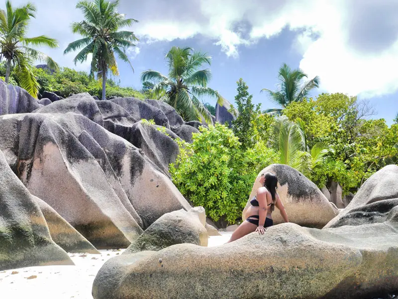 Pregnant Woman Having Babymoon Photoshoot on Anse Source d'Argent, Seychelles (Best Beaches in the World)