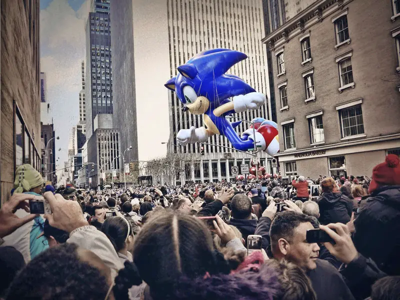 Sonic the Hedgehog Flying Through New York City at Macy's Thanksgiving Day Parade