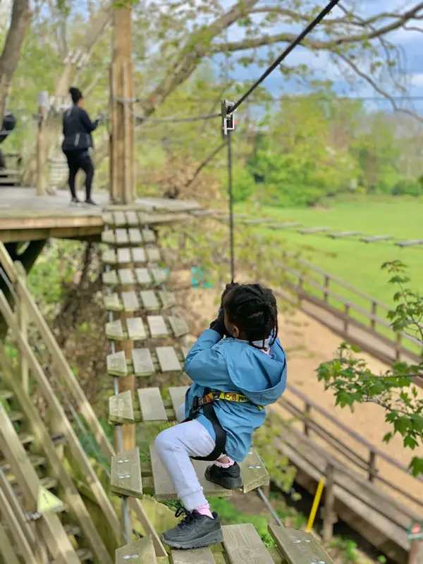 Our Daughter Practices her Special Crouching Technique (!!) at the Go Ape Treetop Adventure Park