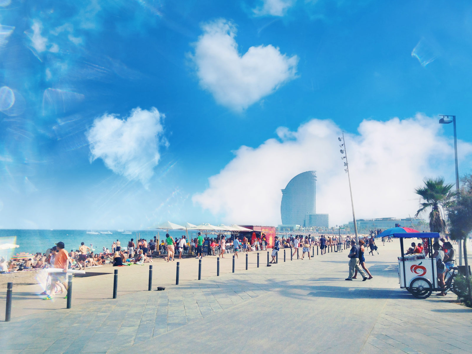 Barceloneta Beach with W Barcelona Hotel on Skyline