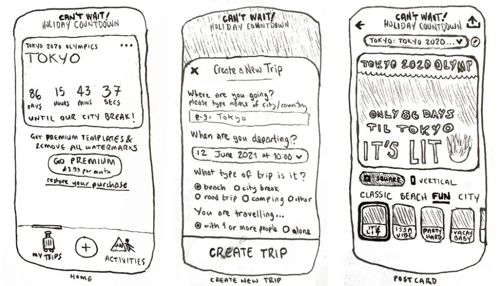 CAN'T WAIT Vacation Countdown Mobile App Hand-Drawn Wireframes
