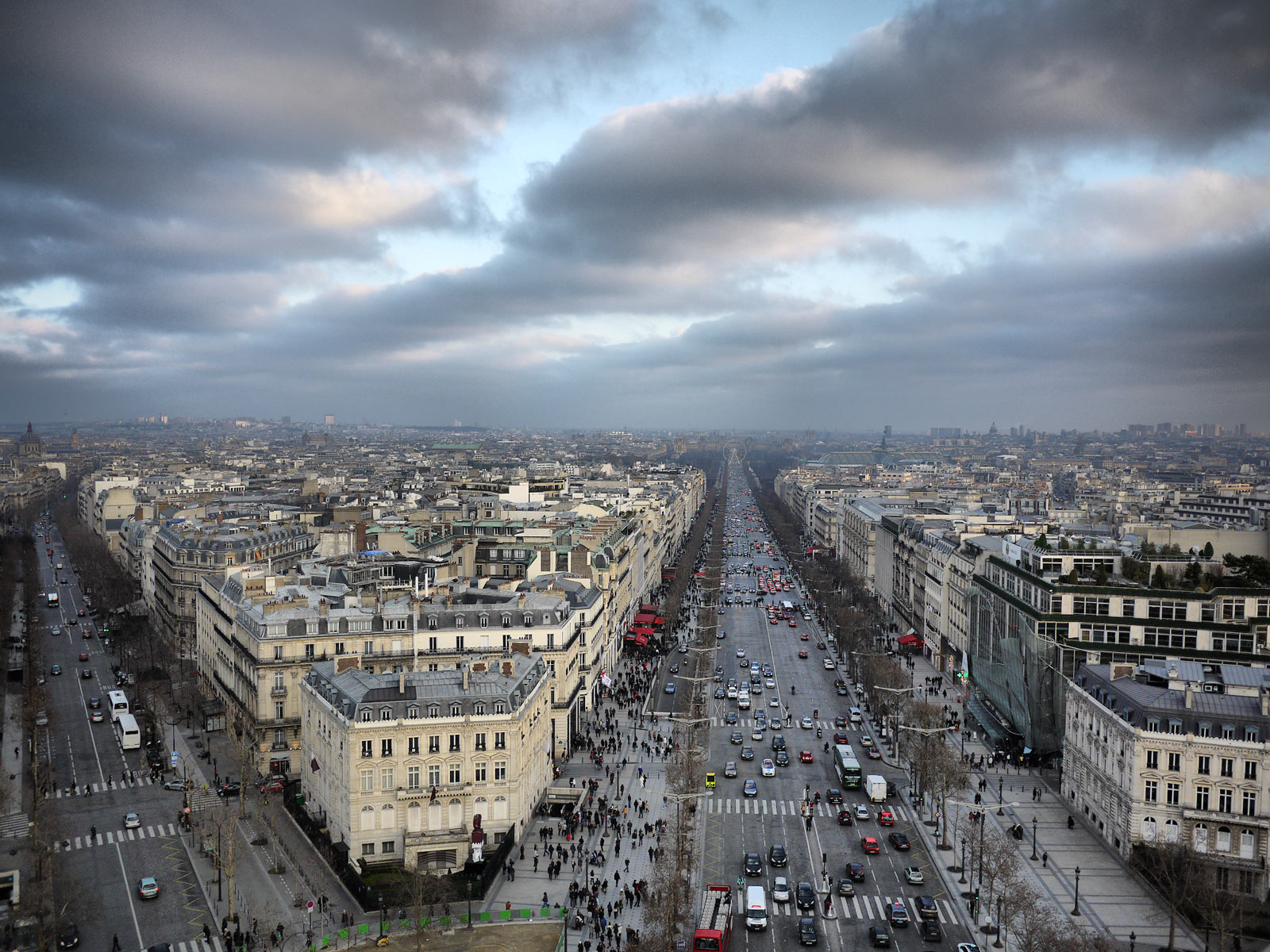 View Looking Down the Tree Lined Champs Elysees with Shoppers and